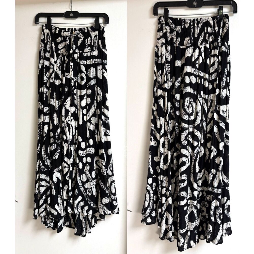 Haute Hippie Black White Batik Maxi Skirt S Smock Slit Abstract Boho Rayon Beach - Picture 3 of 9